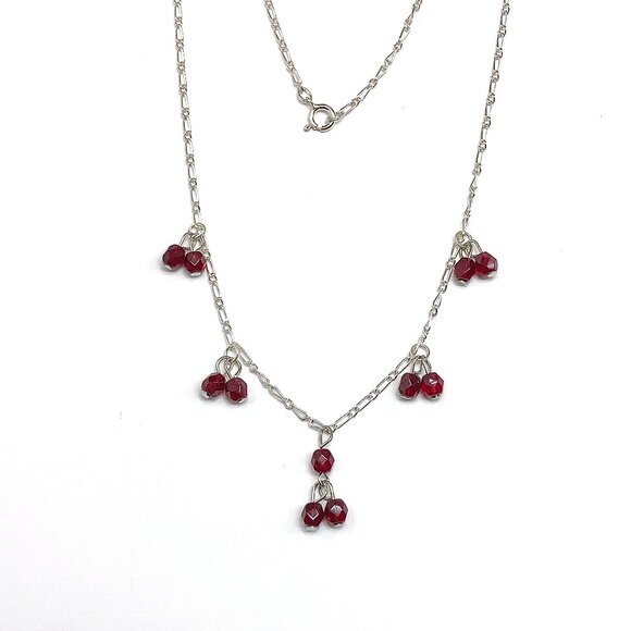 Foxy Deep Red Crystal Negligee Necklace Sterling Silver Beaded Choker Necklace - Picture 6 of 7